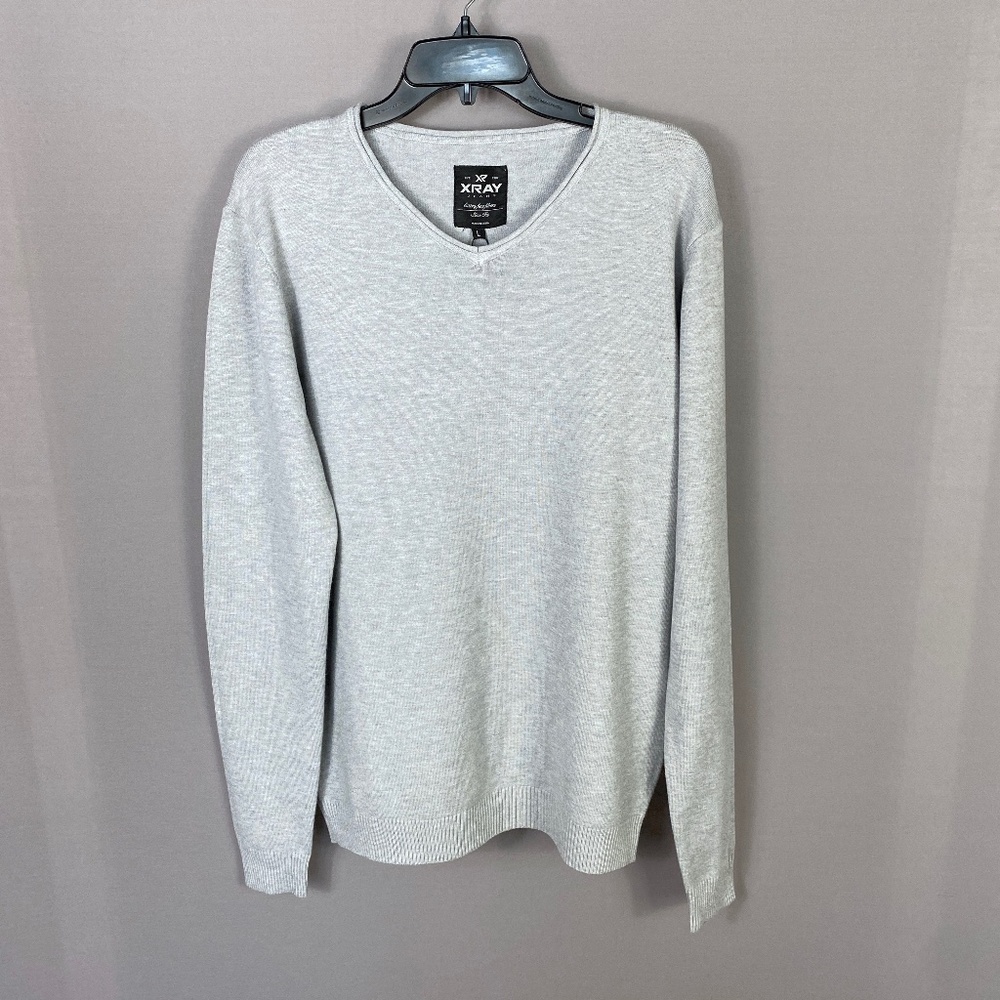 X RAY Jeans Mens Classic V-Neck Sweater in Heather Grey Size Large Stret…